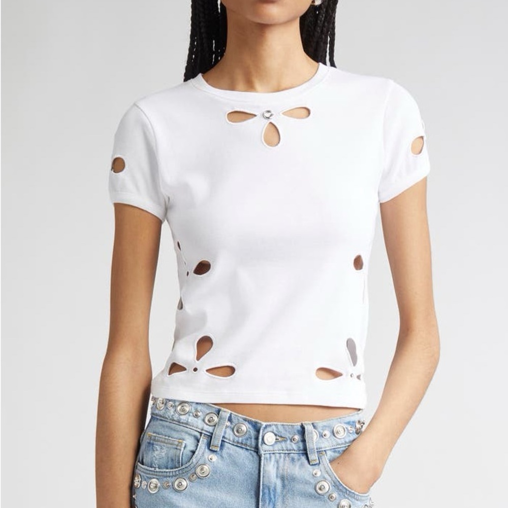 Coperni Petal Cutout Slim Fit White Cutwork Knit Logo Cotton T-Shirt FLAW XS